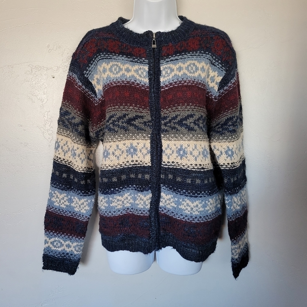 Tangents Women's Large 15% Wool Full Zip Jacket Navy Blue Cream Red Pattern
